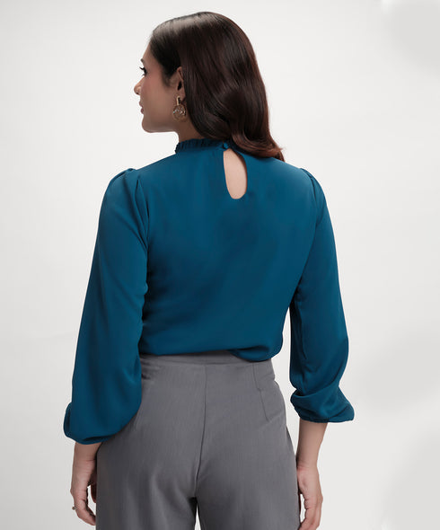 Chiffon Lantern Sleeve Detailed Neck Blue Top